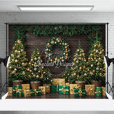 Aperturee - Aperturee Rustic Christmas Tree Farm Photography Backdrop Wood Wall with Garland Green and Gold Holiday Background